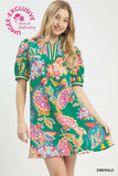 Emerald Jacquard Paisley Print Puff Sleeve Tunic Dress K1826