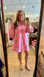 Pink/Green 3/4 Sleeve Embroidered Dress D30226