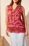 SLV/LESS COMBO PRINT BLOUSE W/ TRIMS