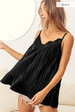 Black Lace Detail Pleated Velvet Top