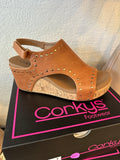 Corky’s Carley Wedge Sandals- Cognac Studs