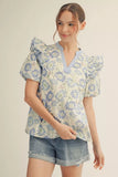Blue Mix Floral Top w/ Ruffle Shoulder M50184