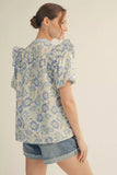 Blue Mix Floral Top w/ Ruffle Shoulder M50184