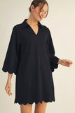 Black 3/4 Sleeve Scallop Hem Dress G15395