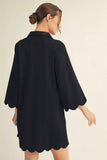 Black 3/4 Sleeve Scallop Hem Dress G15395