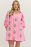 Pink/Green 3/4 Sleeve Embroidered Dress D30226