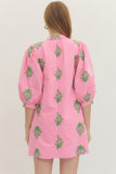 Pink/Green 3/4 Sleeve Embroidered Dress D30226