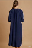 Umgee V-Notched Half Button & Pin-Tuck Detail Midi Dress- Navy