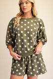 Polka Dot Sweatshirt/Short Set-Olive T8508