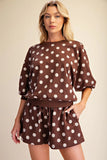 Polka Dot Sweatshirt/Short Set-Brown T8508