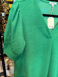Green V-Neck Top w/ Crinkle Detail H12285