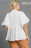 White Bubble Sleeve Top w/ Smock Yoke