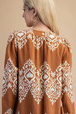 GiGiO Printed Split Neck Midi Dress with Pleated Details- Camel TE1321