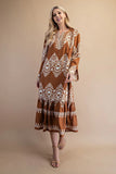 GiGiO Printed Split Neck Midi Dress with Pleated Details- Camel TE1321