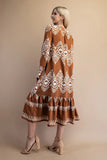 GiGiO Printed Split Neck Midi Dress with Pleated Details- Camel TE1321