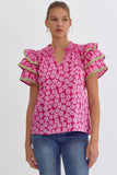 Floral Print V-Neck Top-Pink