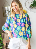 Blue Floral Mock Neck Top