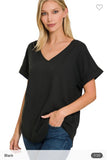 Black Solid V-Neck Woven Top